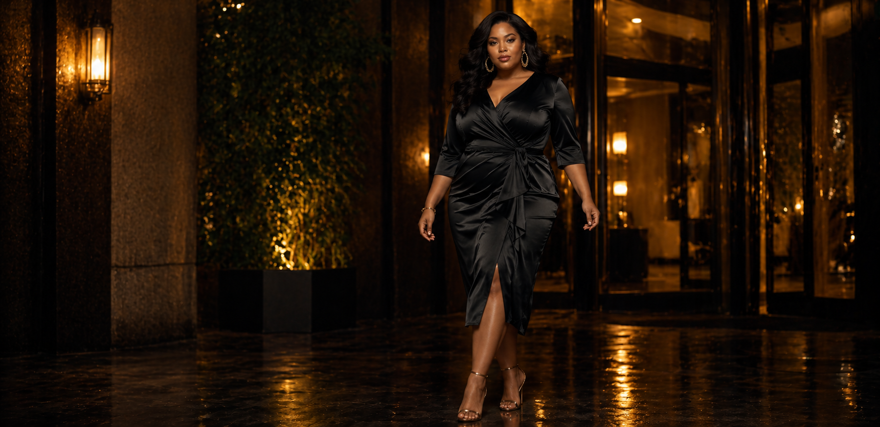 Plus size woman in elegant black satin dress — VOXKOR fashion