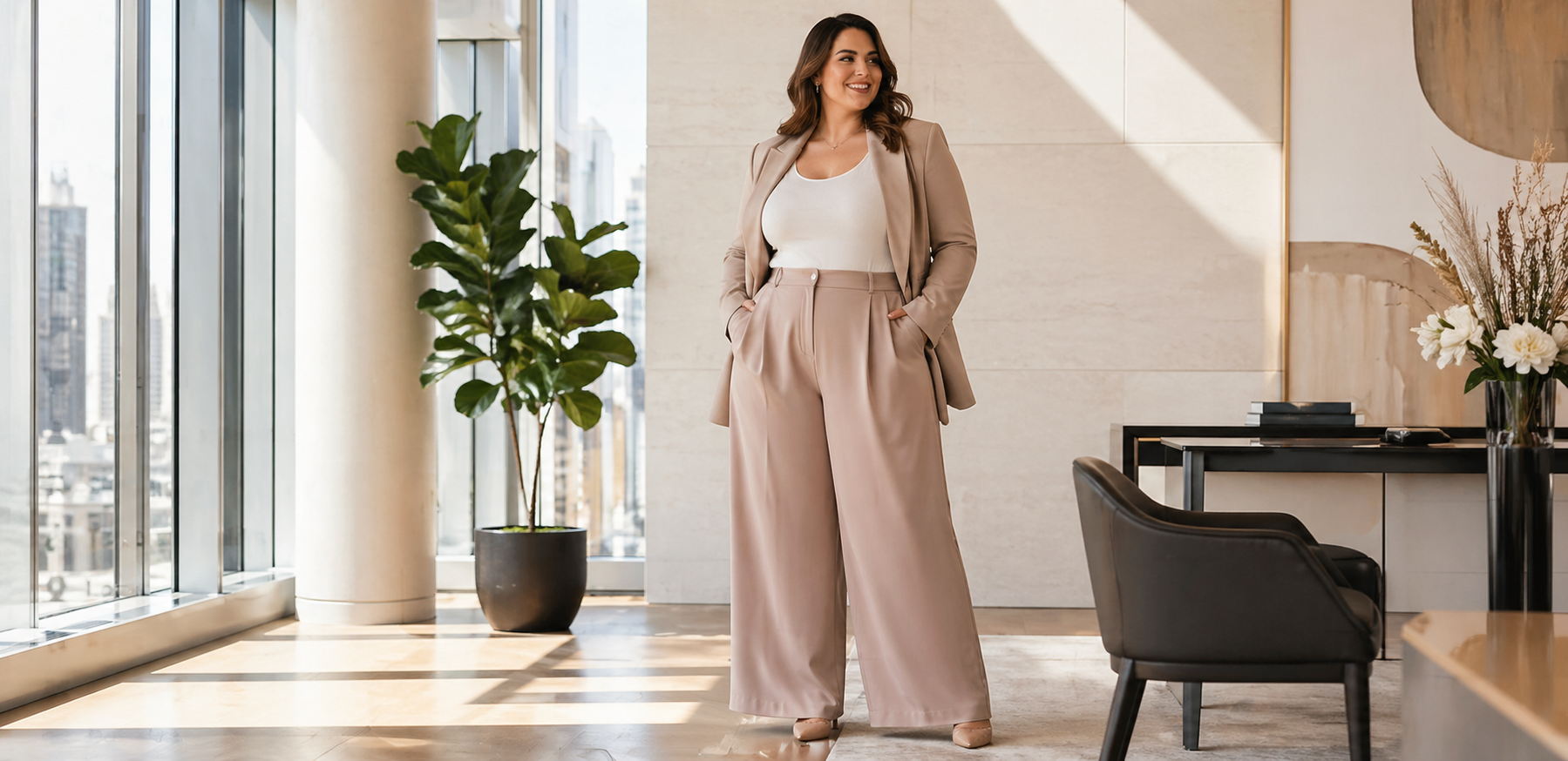 Plus size woman in chic beige blazer and wide leg pants — VOXKOR plus size workwear